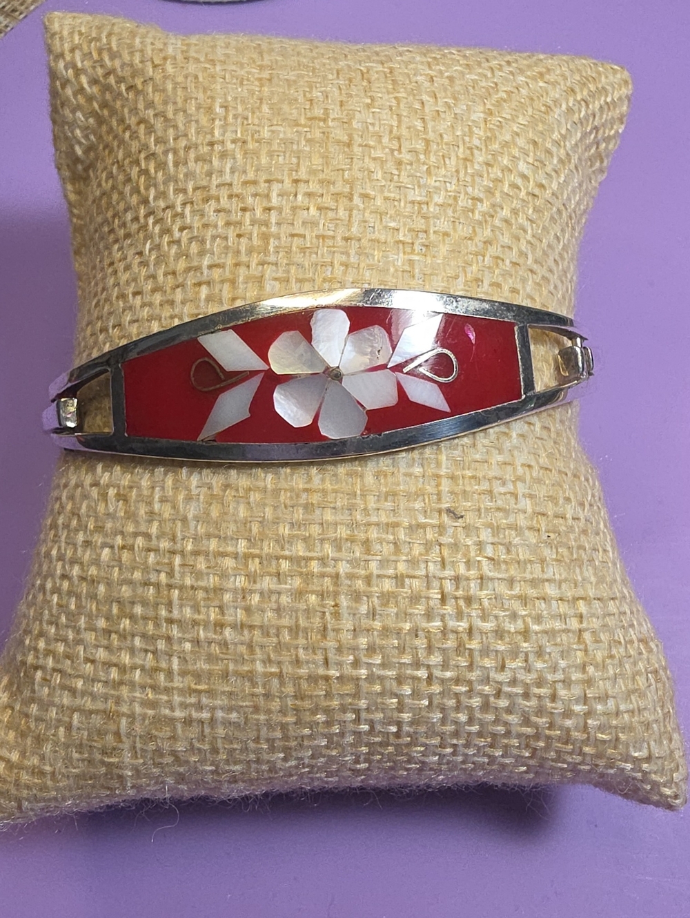 Red Floral Inlay Women's Bracelet with Silver Accents